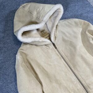 St John's Bay Jacket Womens Large Beige Genuine Leather Hooded Sherpa Lined Coat